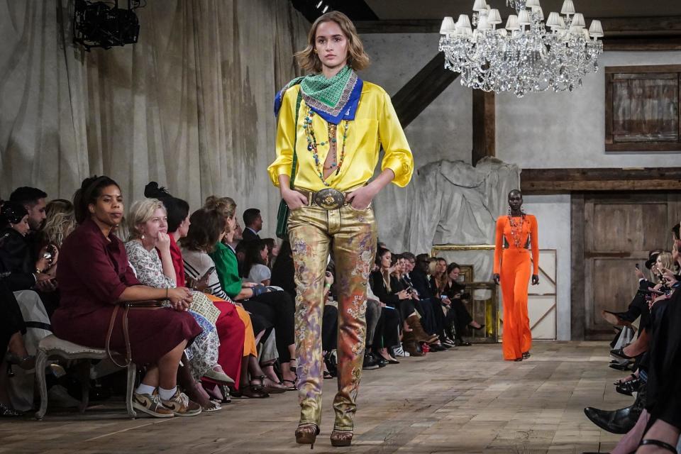 Fashion from Ralph Lauren's latest collection is modeled during fashion week, Friday, Sept. 8, 2023, in New York.