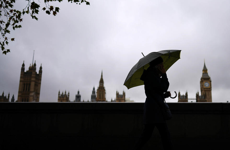 UK economy Commuters with umbrellas on a rainy morning in Westminster, London. Picture date: Thursday November 3, 2022. (Photo by Aaron Chown/PA Images via Getty Images)