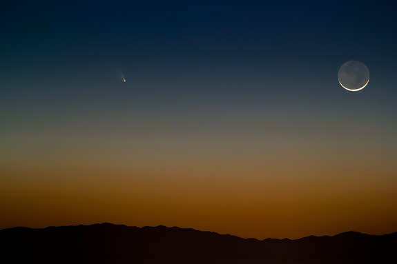 Astrophotographer Tyler Leavitt sent in a photo of the crescent moon and Comet Pan-STARRS over Las Vegas. Image submitted March 13, 2013.