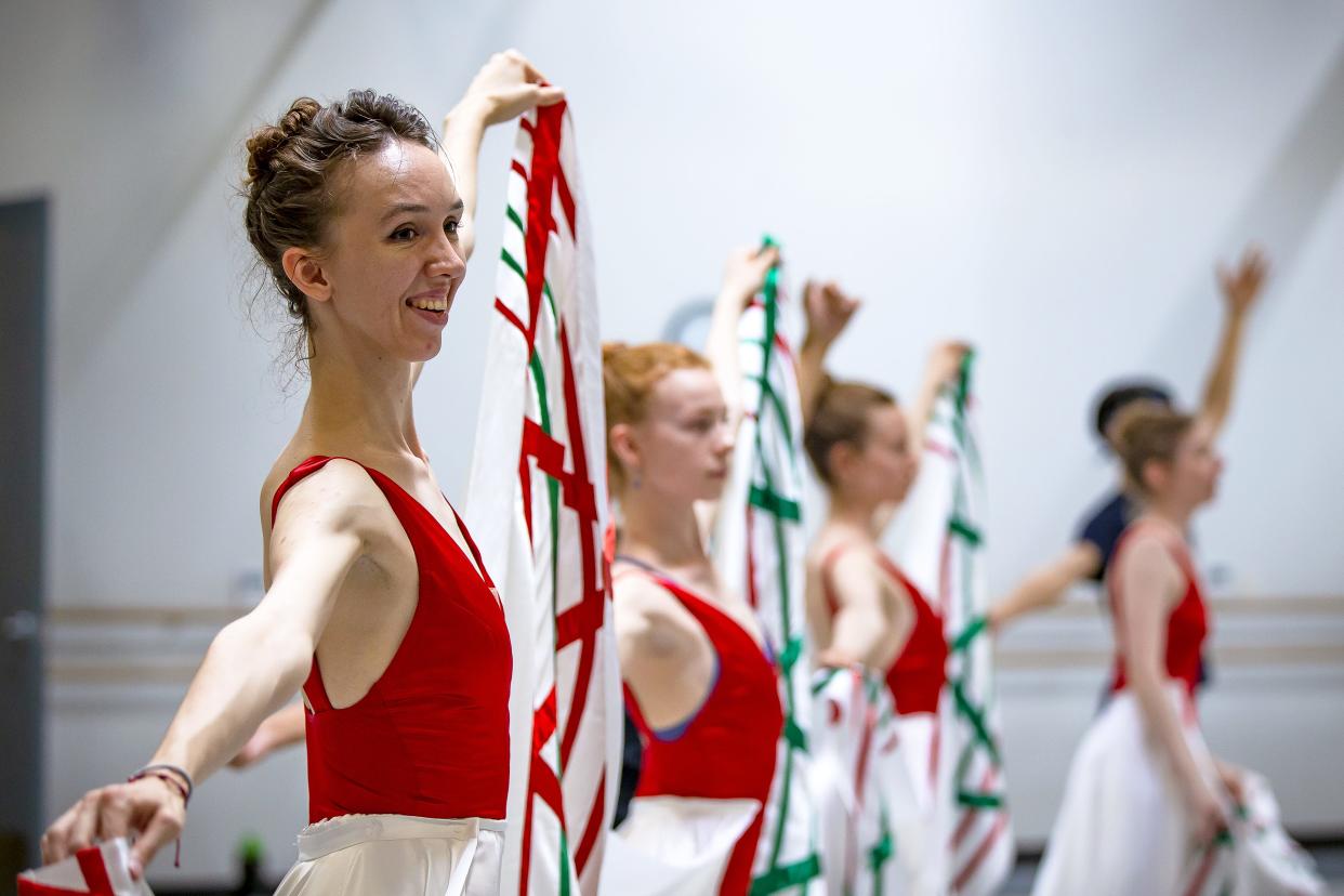 Katherine Loxtercamp and other dancers pose during a rehearsal for an upcoming Juan Gabriel production in one of the Ballet Arizona studios in Phoenix on April 29, 2022.