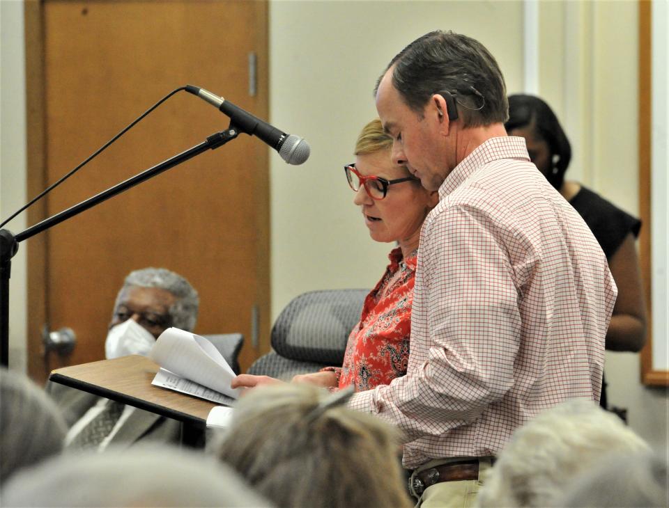 Mark and Luelen Hood detail the plan from the Save the Mascots group before the Wichita Falls ISD School Board Tuesday, Jan. 18, 2022. Audience members gave speeches on how they feel about high school mascots during a School Board meeting at the Education Center.