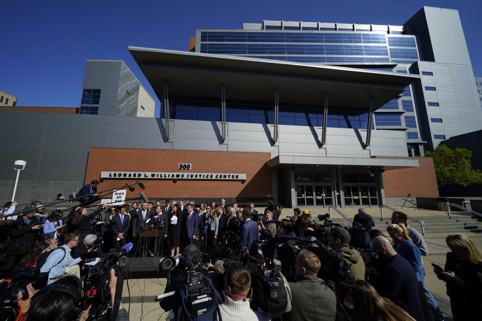 FILE - Representatives of Dominion Voting Systems hold a news conference in front of the New Castle County Courthouse in Wilmington, Del., after the defamation lawsuit by Dominion Voting Systems against Fox News was settled just as the jury trial was set to begin, Tuesday, April 18, 2023. (AP Photo/Julio Cortez, File)