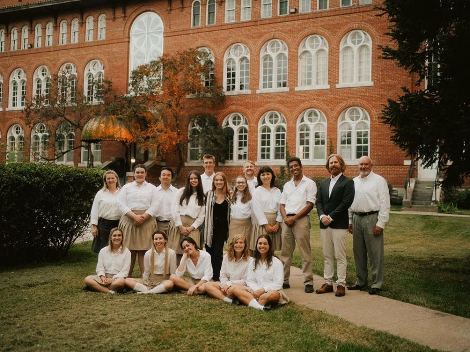 The cast of "Odd Fellows," Citrus Studios' new feature-length film, pose in front of Belvoir Winery and Inn in Liberty, Missouri. The film is about two roommates at Odd Fellows Academy, Lucia and Rae, who are interested in breaking free from its constraints.