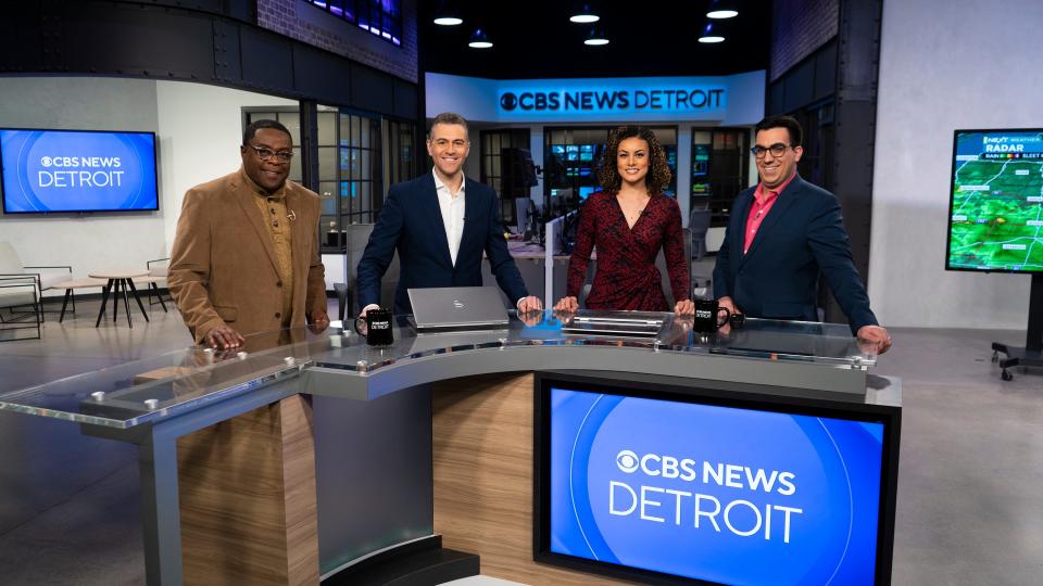 Pictured from left:  sports anchor Ronnie Duncan, news anchors Jeff Skversky and Shaina Humphries and meteorologist Ahmad Bajjey of CBS News Detroit (WWJ-TV, Channel 62).