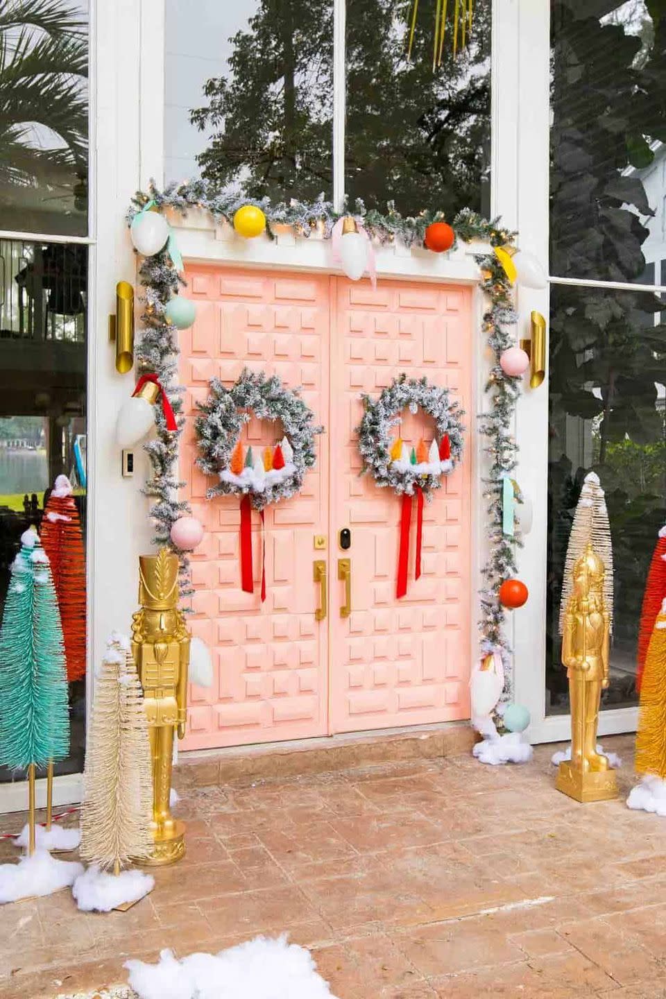 diy christmas door decorations in pastel color