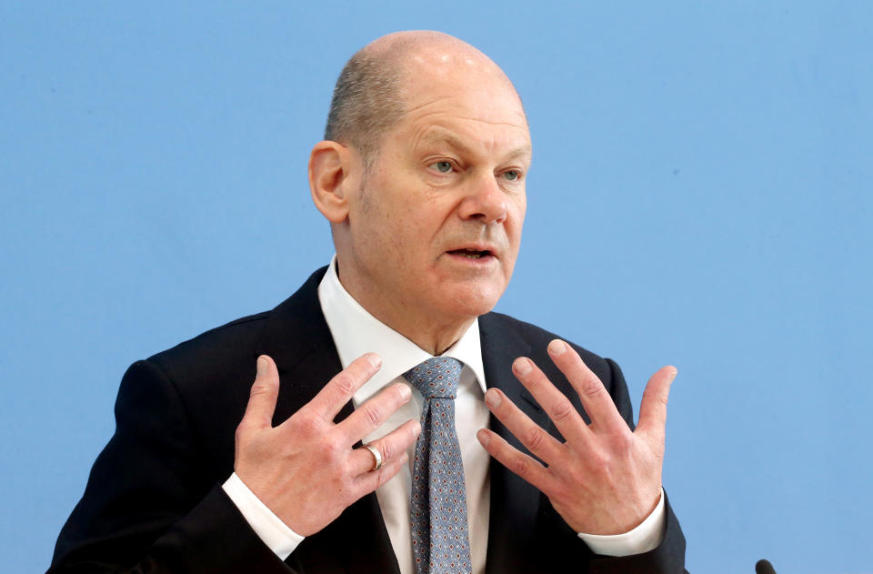 24 March 2021, Berlin: Olaf Scholz (SPD), Federal Minister of Finance, presents the key figures of the federal budget 2022 and the financial plan until 2025 before the Federal Press Conference. Previously, the politician commented on the admission of the Chancellor to have made a mistake in the implementation of the Corona measures and around the Easter holidays. Photo: Wolfgang Kumm/dpa (Photo by Wolfgang Kumm/picture alliance via Getty Images)