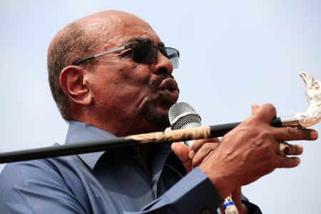 FILE PHOTO: Sudan's President Omar al-Bashir addresses supporters during his visit to the war-torn Darfur region, in Bilal, Darfur, Sudan September 22, 2017. REUTERS/Mohamed Nureldin Abdallah/File Photo