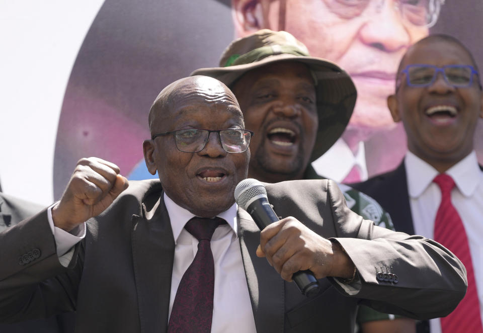 FILE - Former South African president, Jacob Zuma, sings and dances after addressing his supporters of the UMkhonto WeSizwe, (MK) party outside the High court in Johannesburg, South Africa, on April 11, 2024. Zuma added a new dimension when he announced in December that he was turning his back on the ruling Africa National Congress he once led and is returning to politics with a new party. (AP Photo/Themba Hadebe, File)