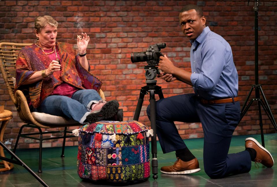 Kim Crow and London Carlisle in a scene from the world premiere of “Visit Joe Whitefeather (and bring the family!),” a comedy commissioned by Florida Studio Theatre.