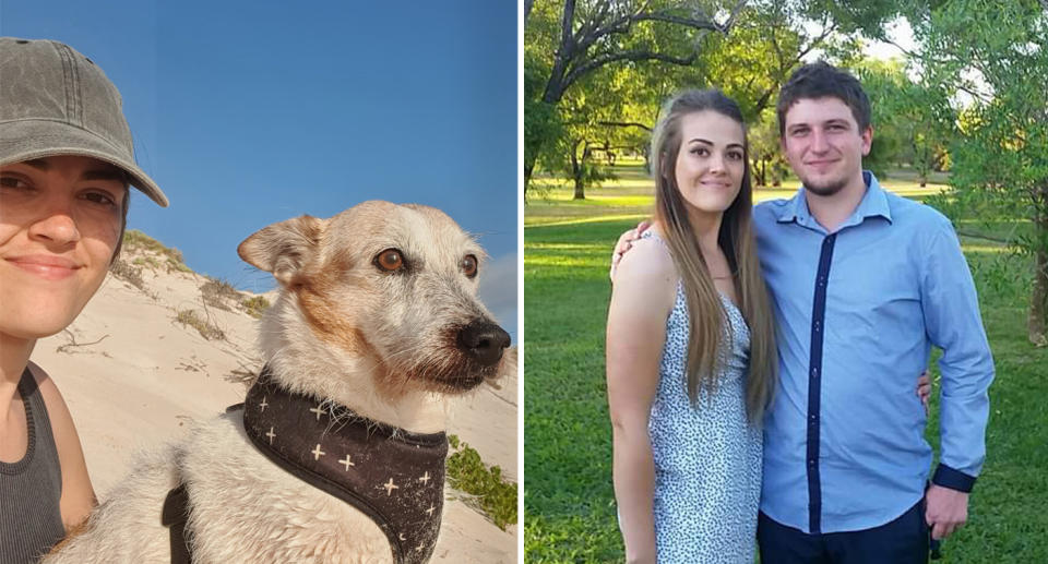 A photo of Cassidy Dixon with her dog and another photo with her and her partner, Cameron.