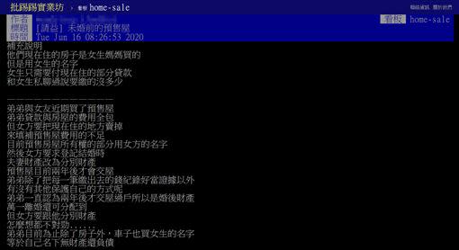 原PO表示，弟弟與未婚女友購買了一間房子，但擔憂弟弟沒保障上網求助。（圖／翻攝自PTT home-sale版）