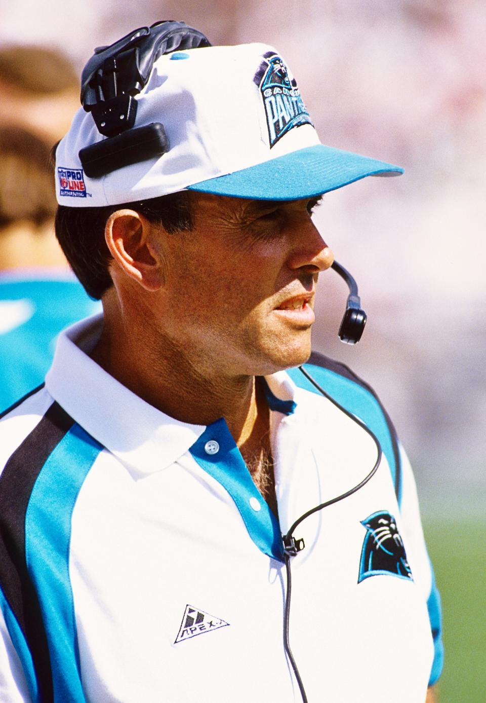 Jul 29, 1995; Canton, OH, USA; FILE PHOTO; Carolina Panthers head coach Dom Capers on the sideline against the Jacksonville Jaguars during the 1995 Hall of Fame Game at Fawcett Stadium. Mandatory Credit: Michael C. Hebert-USA TODAY NETWORK