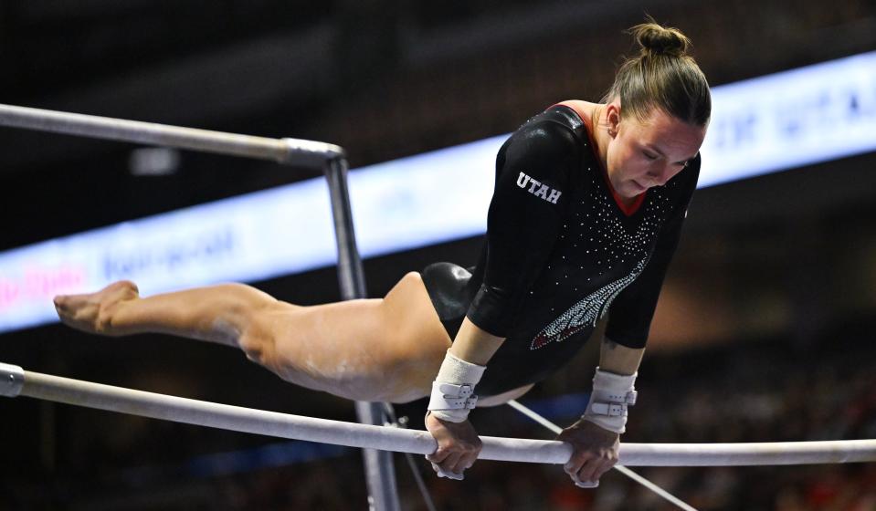 Utah’s Maile O’Keefe performs on the bars as BYU, Utah, SUU and Utah State meet in the Rio Tinto Best of Utah Gymnastics competition at the Maverick Center in West Valley City on Monday, Jan. 15, 2024. | Scott G Winterton, Deseret News