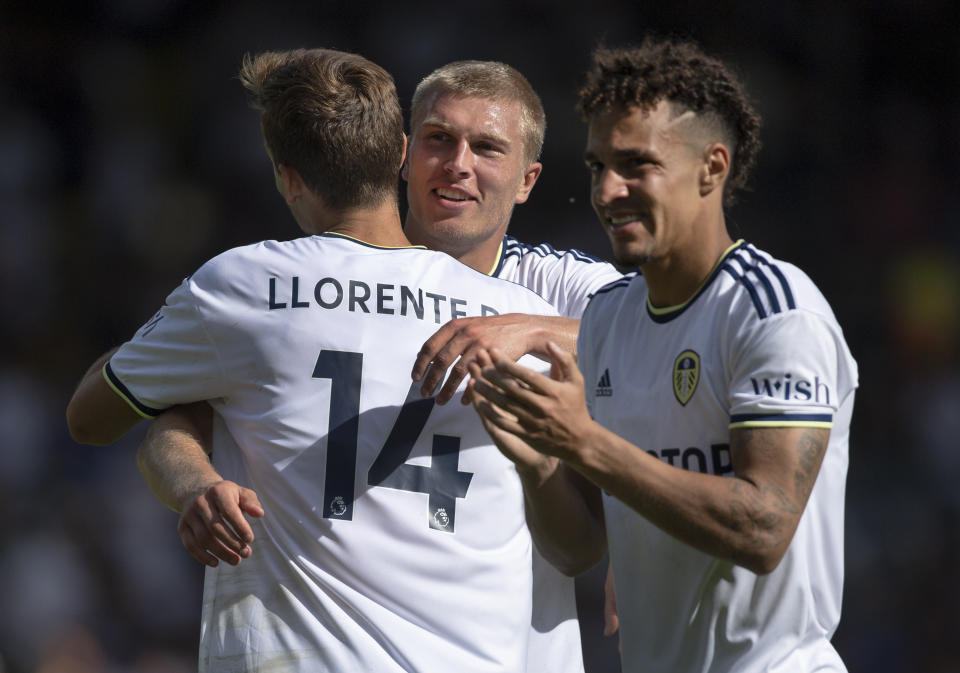 Diego Llorente, Rasmus Kristensen and Rodrigo Moreno, pictured here celebrating Leeds' win over Chelsea.