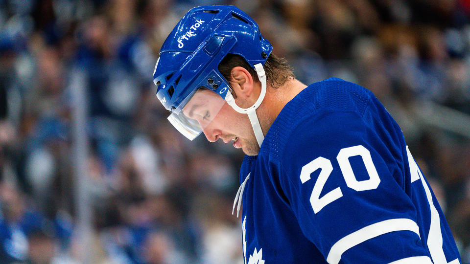 TORONTO, ON - OCTOBER 16: Nick Ritchie #20 of the Toronto Maple Leafs looks on against the Ottawa Senators during the first period at the Scotiabank Arena on October 16, 2021 in Toronto, Ontario, Canada. (Photo by Kevin Sousa/NHLI via Getty Images)