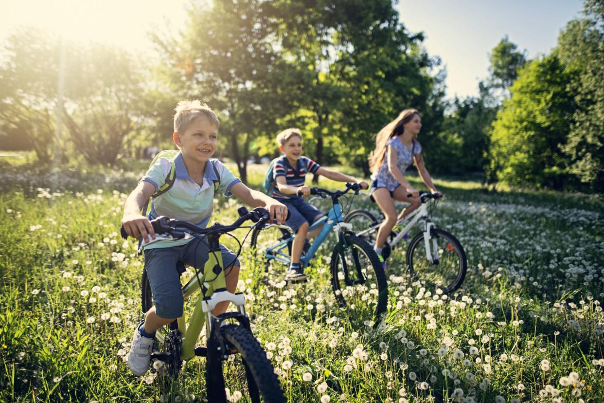 Kids enjoying Spring. They are riding through a field of dandelions.Nikon D850