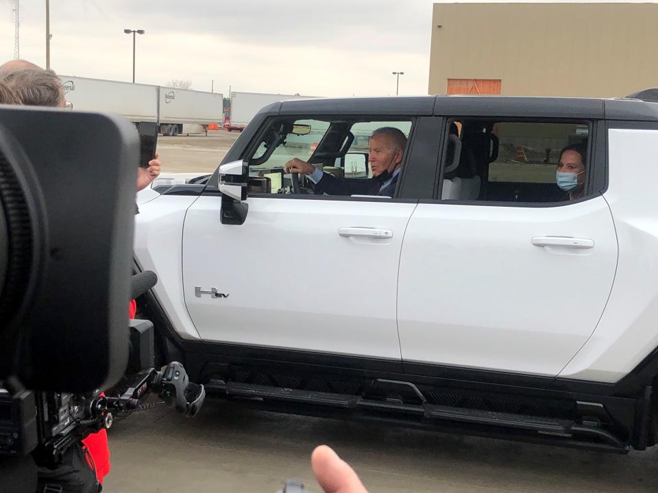 President Joe Biden with General Motors CEO Mary Barra at GM Factory ZERO in Detroit and Hamtramck as they drive a 2022 GMC Hummer EV on Nov. 17, 2021.