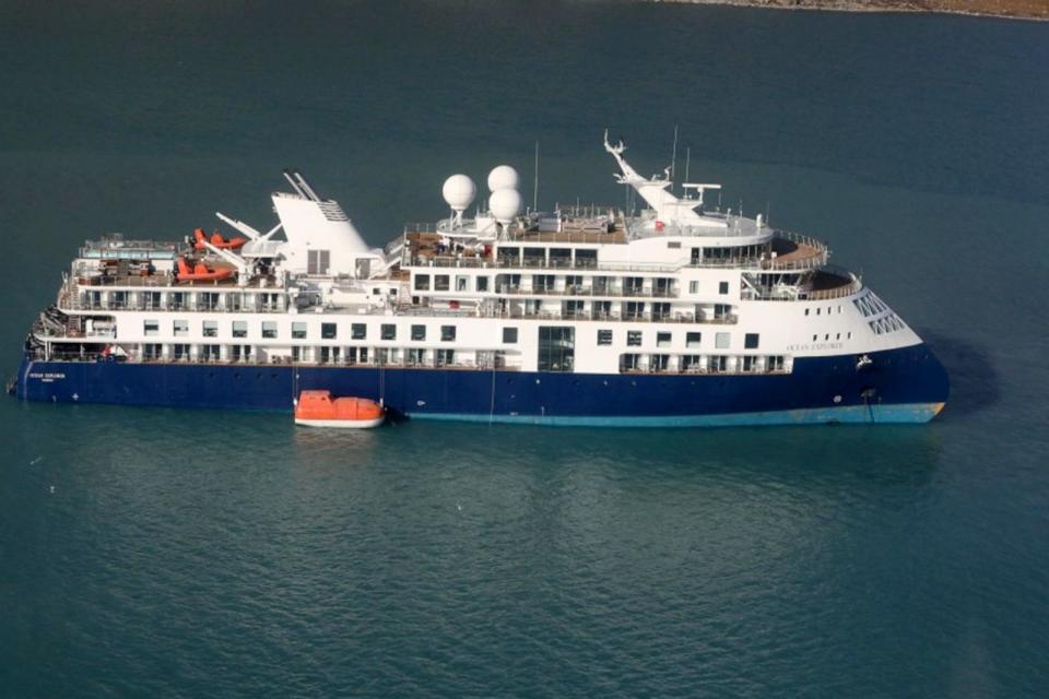 PHOTO: An aerial photo shows the Ocean Explorer, a Bahamas-flagged Norwegian cruise ship with 206 passengers and crew, which has run aground in northwestern Greenland, on Tuesday, Sept. 12, 2023. (AP)