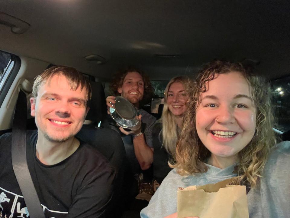 Shobi, Greg. Bridget, and Abby in a rental car