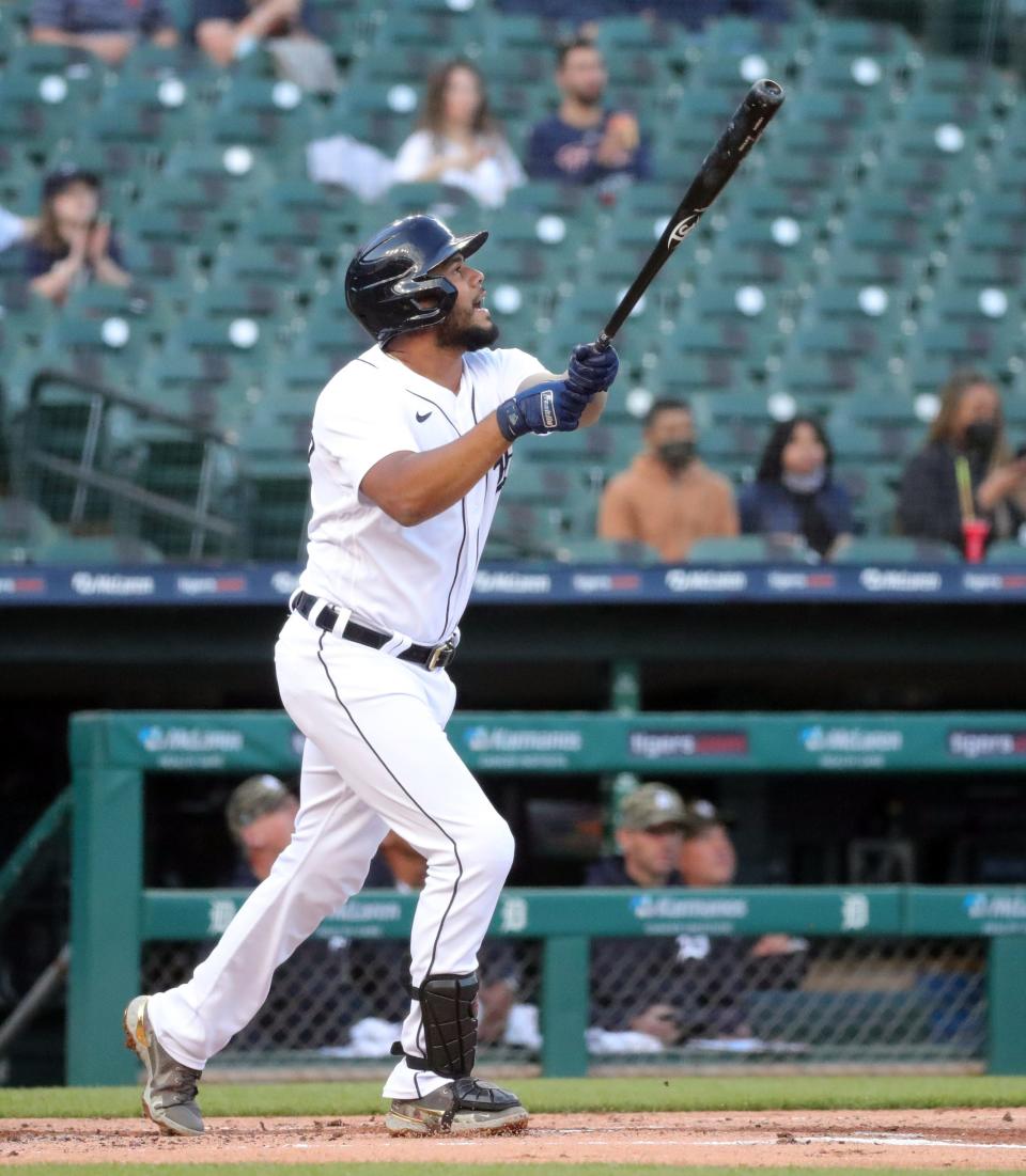 Detroit Tigers third baseman Jeimer Candelario (46) flies out against starting pitcher Jake Arrieta (49) during first inning action Friday, May 14 2021 at Comerica Park in Detroit, MI.