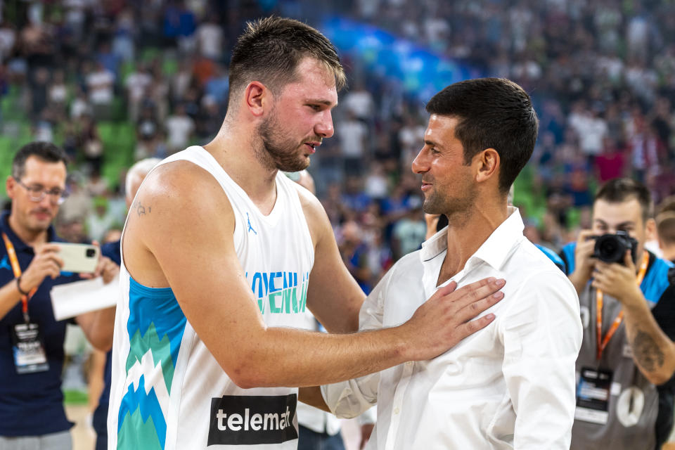 Novak Djokovic and Luka Doncic, pictured here after a basketball friendly between Slovenia and Serbia.