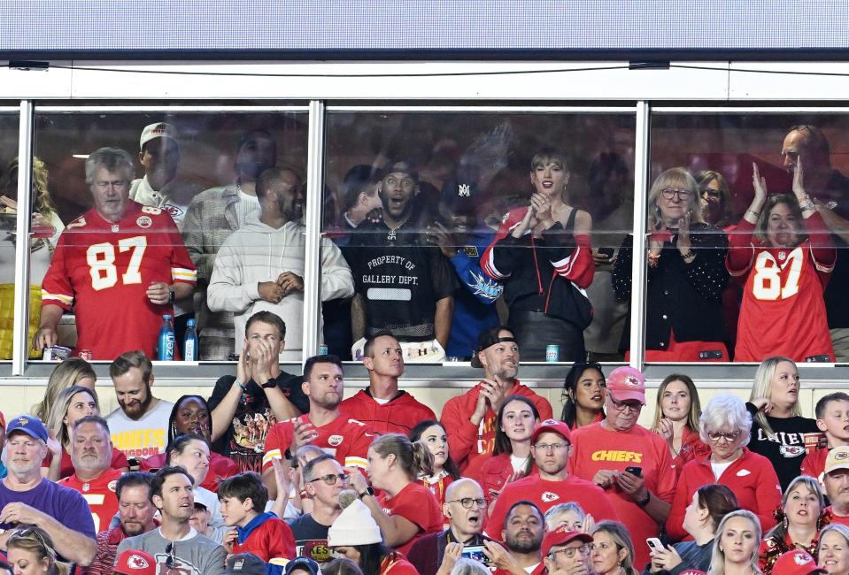 Ed Kelce, Taylor Swift, and Donna Kelce at Denver Broncos vs. Kansas City Chiefs game on October 12, 2023