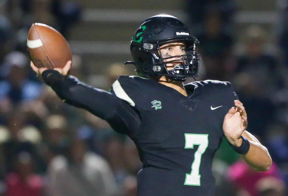 Indians QB Jesse Winslette passes during the Choctaw- Escambia football game at Choctaw.