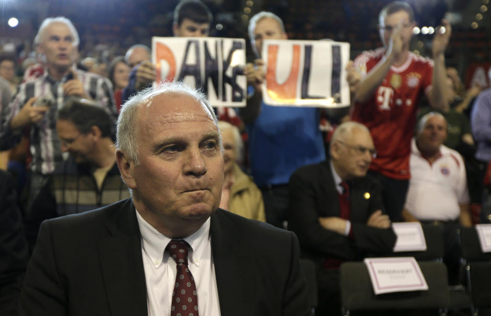 Former FC Bayern Munich president Uli Hoeness arrives for an extraordinary members meeting, in Munich, southern Germany, Friday, May 2, 2014. The club is voting for a new president. (AP Photo/Matthias Schrader)