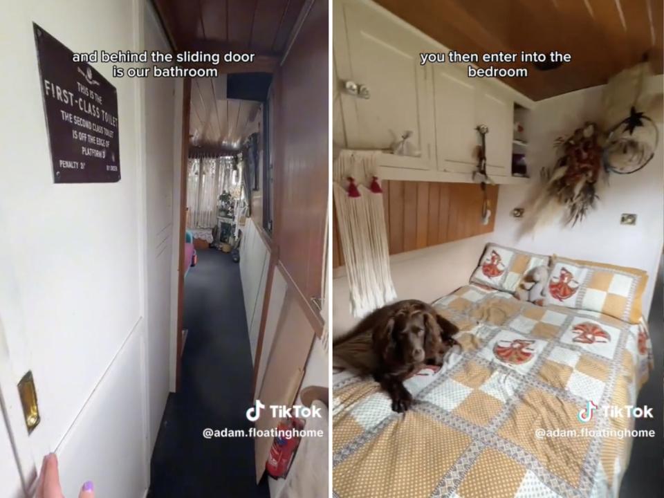 Screenshots of Lind and Coley's narrowboat home on TikTok.