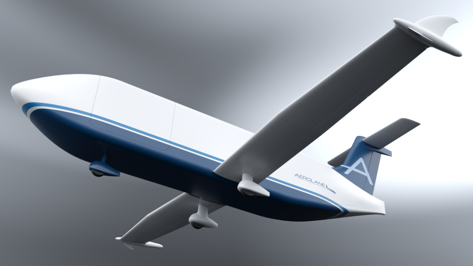 An artist's impression of how a cargo glider might look, with a chunky body and thin wings