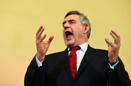 Britain's former Prime Minister Gordon Brown speaks at a campaign event in favour of the union in Clydebank, Scotland, in this September 16, 2014 file photo. REUTERS/Dylan Martinez/Files