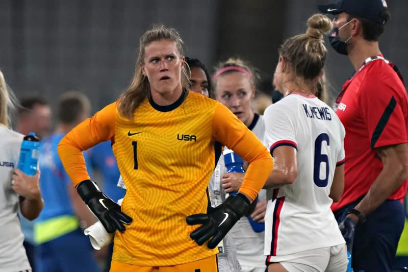 Injured goalie Alyssa Naeher (pictured) is not listed on manager Emma Hayes' first United States Women's National Team roster. File Photo by Richard Ellis/UPI