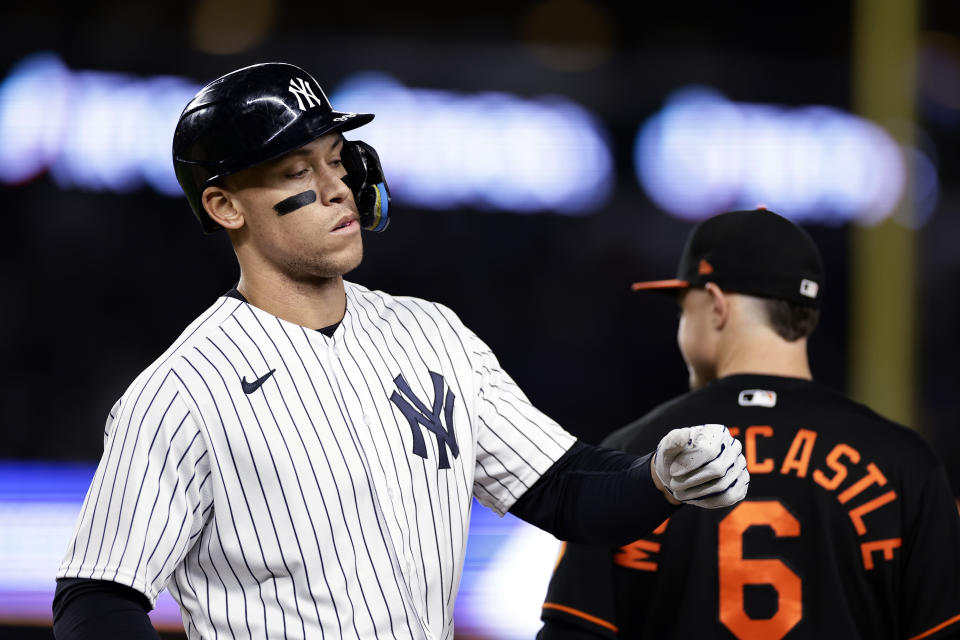 New York Yankees' Aaron Judge reacts after being walked during the sixth inning of the team's baseball game against the Baltimore Orioles on Friday, Sept. 30, 2022, in New York. (AP Photo/Adam Hunger)