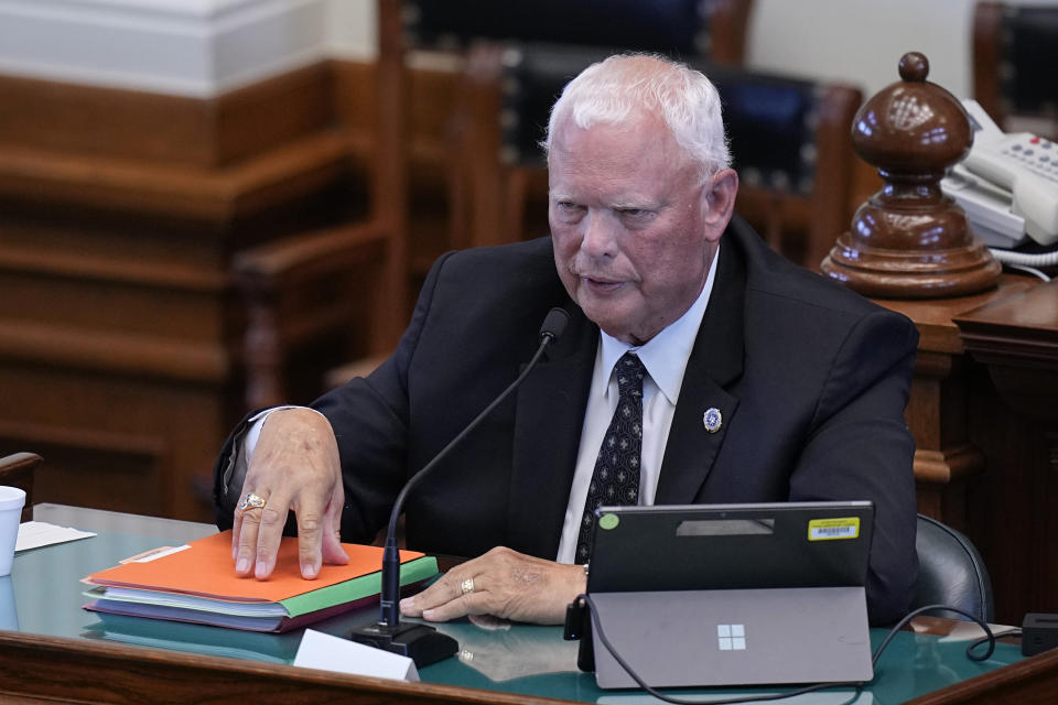 Witness David Maxwell, former director of law enforcement at the attorney general's office, testifies during day four of the impeachment trial for Texas Attorney General Ken Paxton in the Senate Chamber at the Texas Capitol, Friday, Sept. 8, 2023, in Austin, Texas. (AP Photo/Eric Gay)