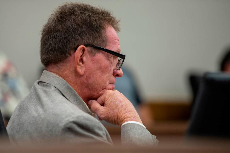 Cliff Kirkland watches a witness speak on the stand during Kirkland’s trial for sexually abusing underage girls in Harrison County Circuit Court in Biloxi on Monday, May 16, 2022.