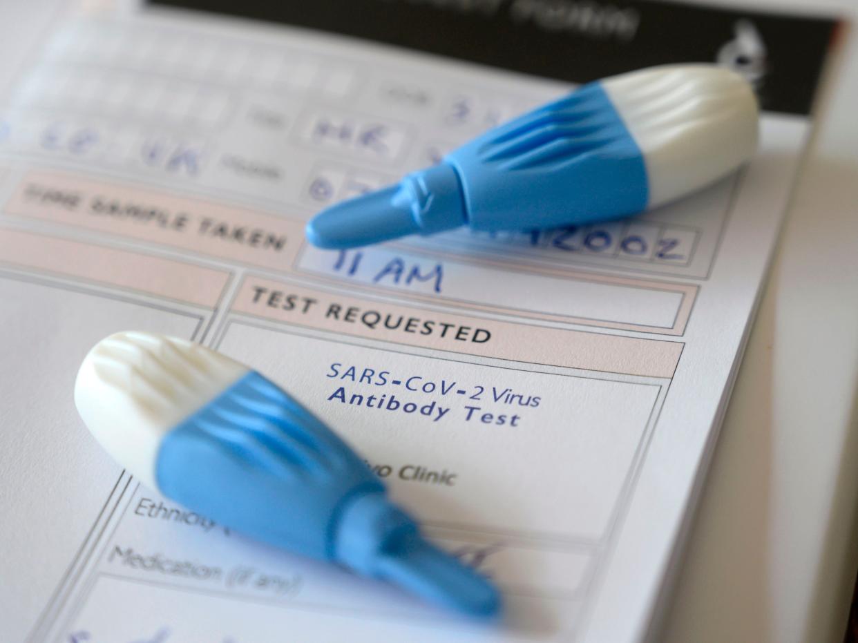 Lancets to prick the tip of the finger are pictured, part of an IgG Antibody Test Kit which identifies Immunoglobulin G antibodies related to SARS-CoV-2, the virus that causes COVID-19 (AFP via Getty Images)