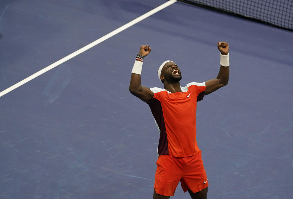 Frances Tiafoe, of the United States, reacts after defeating Andrey Rublev, of Russia, during the quarterfinals of the U.S. Open tennis championships, Wednesday, Sept. 7, 2022, in New York. (AP Photo/Seth Wenig)