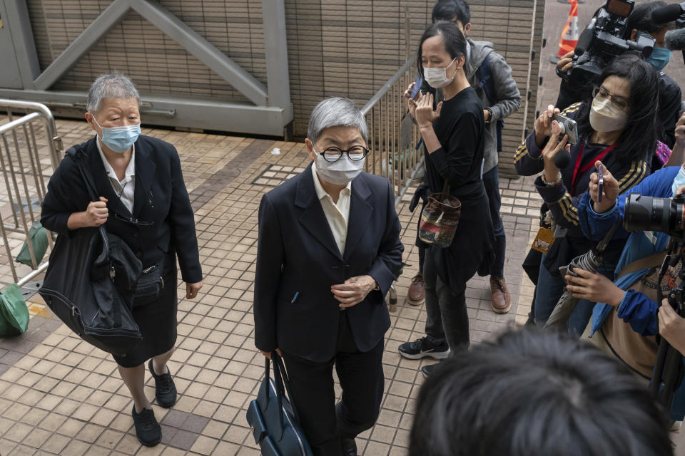 Barrister and former lawmaker Margaret Ng arrives at the West Kowloon Magistrates's Courts in Hong Kong, Friday Nov. 25, 2022. Hong Kong Cardinal Joseph Zen and five others were in court on Friday over charges of failing to register a now-defunct fund that aimed at helping people arrested in the widespread protests three years ago. (AP Photo/Anthony Kwan)