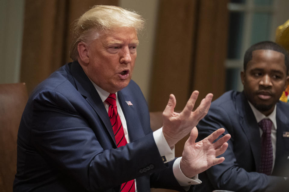 President Donald Trump speaks during an event in the Cabinet Room at the White House, Thursday, Feb. 27, 2020, in Washington. (AP Photo/Manuel Balce Ceneta)