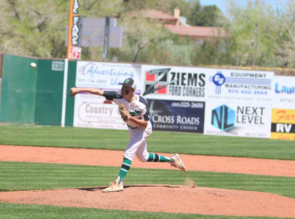 Farmington High's Zach Raichel delivers a pitch in the top of the fourth inning in the first game of a district doubleheader against Piedra Vista, Saturday, April 30, 2022 at Ricketts Park.