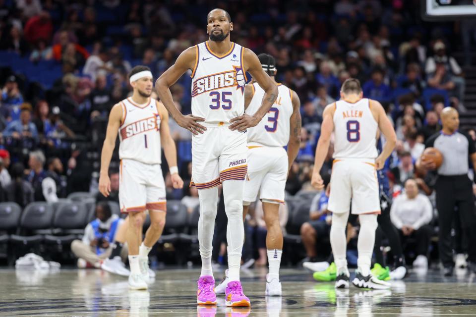 Phoenix Suns forward Kevin Durant (35) looks on during a break in play against the Orlando Magic in the third quarter at the Kia Center in Orlando on Jan. 28, 2024.