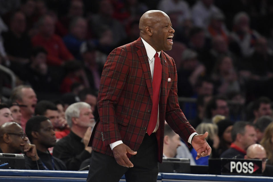 St. John's head coach Mike Anderson reacts during the first half of an NCAA college basketball game against Seton Hall in New York, Saturday, Jan. 18, 2020. (AP Photo/Sarah Stier)