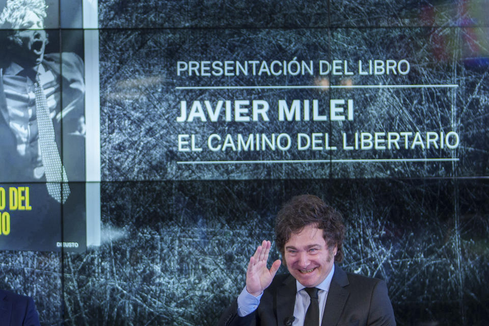 Argentina's President Javier Milei gestures as he presents his book "El camino del libertario" in Madrid, Spain, Friday, May 17, 2024. (AP Photo/Manu Fernandez)