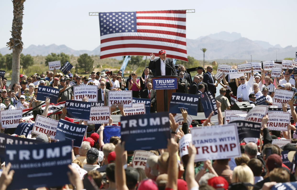 Then-Republican U.S. presidential candidate Donald Trump speaks at a campaign rally in Fountain Hills, Ariz., March 19, 2016. (Photo: Mario Anzuoni/Reuters)
