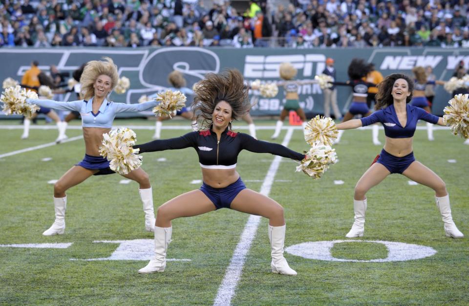 <p>New York Jets cheerleaders perform during an NFL football game against the Los Angeles Rams, Sunday, Nov. 13, 2016, in East Rutherford, N.J. (AP Photo/Bill Kostroun) </p>