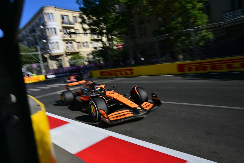 Australian McLaren driver Oscar Piastri drives his car during the Formula One Azerbaijan Grand Prix at the Baku City Circuit in Baku on September 15, 2024. (Photo by Andrej ISAKOVIC / AFP) (Photo by ANDREJ ISAKOVIC/AFP via Getty Images)