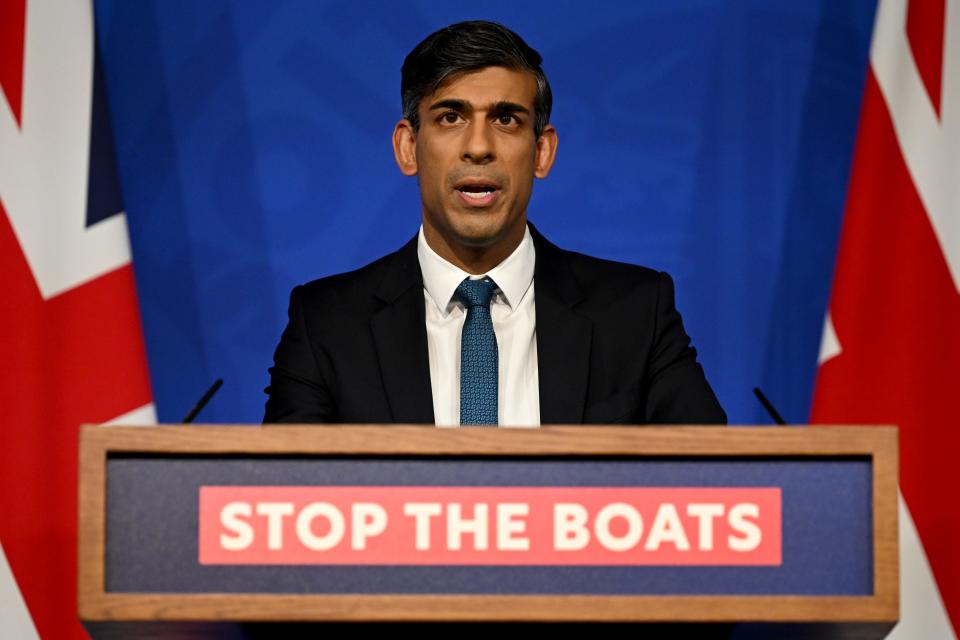 Britain's Prime Minister Rishi Sunak holds a press conference, following the Supreme Court’s Rwanda policy judgement, at Downing Street on Nov. 15, 2023 in London, England.