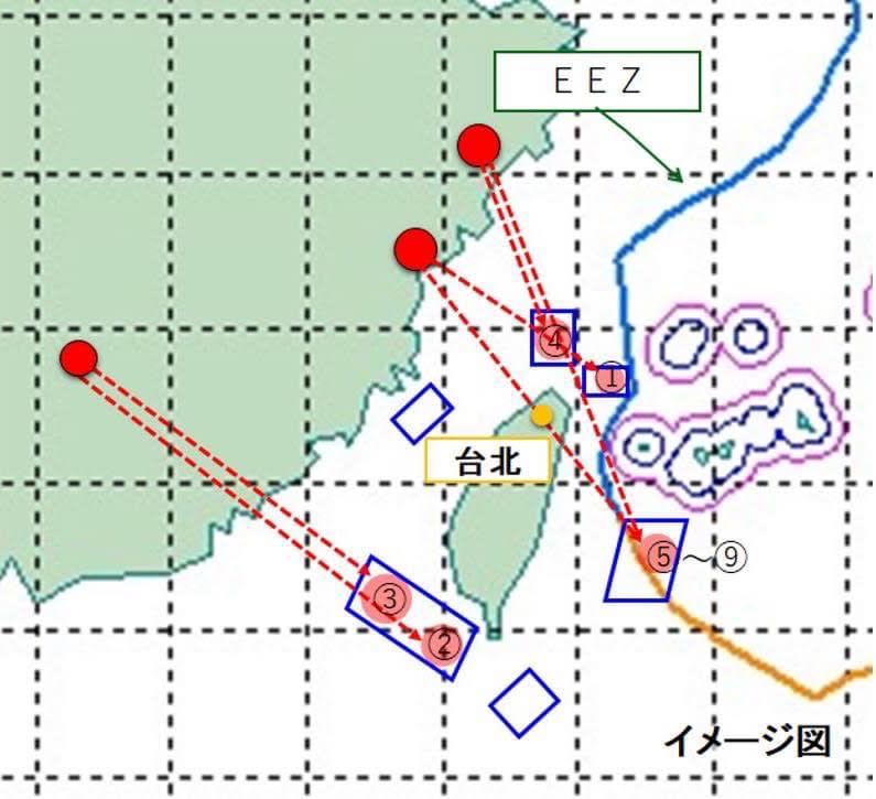 中國部分導彈從大氣層外的高度飛越台灣、有五枚掉落在日本的專屬經濟區（EEZ）。   圖：翻攝自民進黨立委王定宇臉書（資料照）