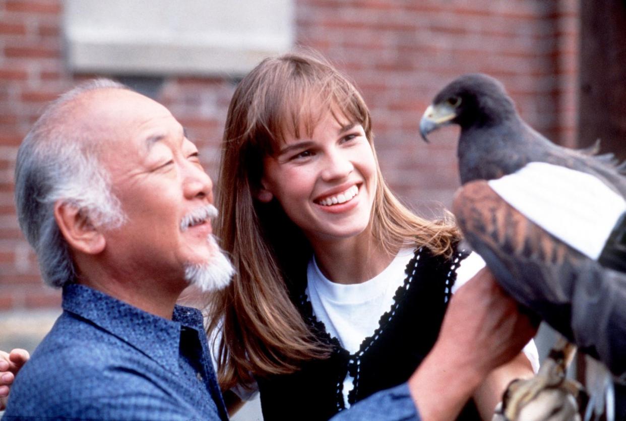 1994 noriyuki pat morita as mr miyagi and hilary swank as julie pierce in the next karate kid photo by getty images