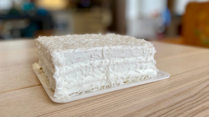 The Pepperidge Farm Classic Coconut Cake comes out of the box on a styrofoam plate, ready to serve.